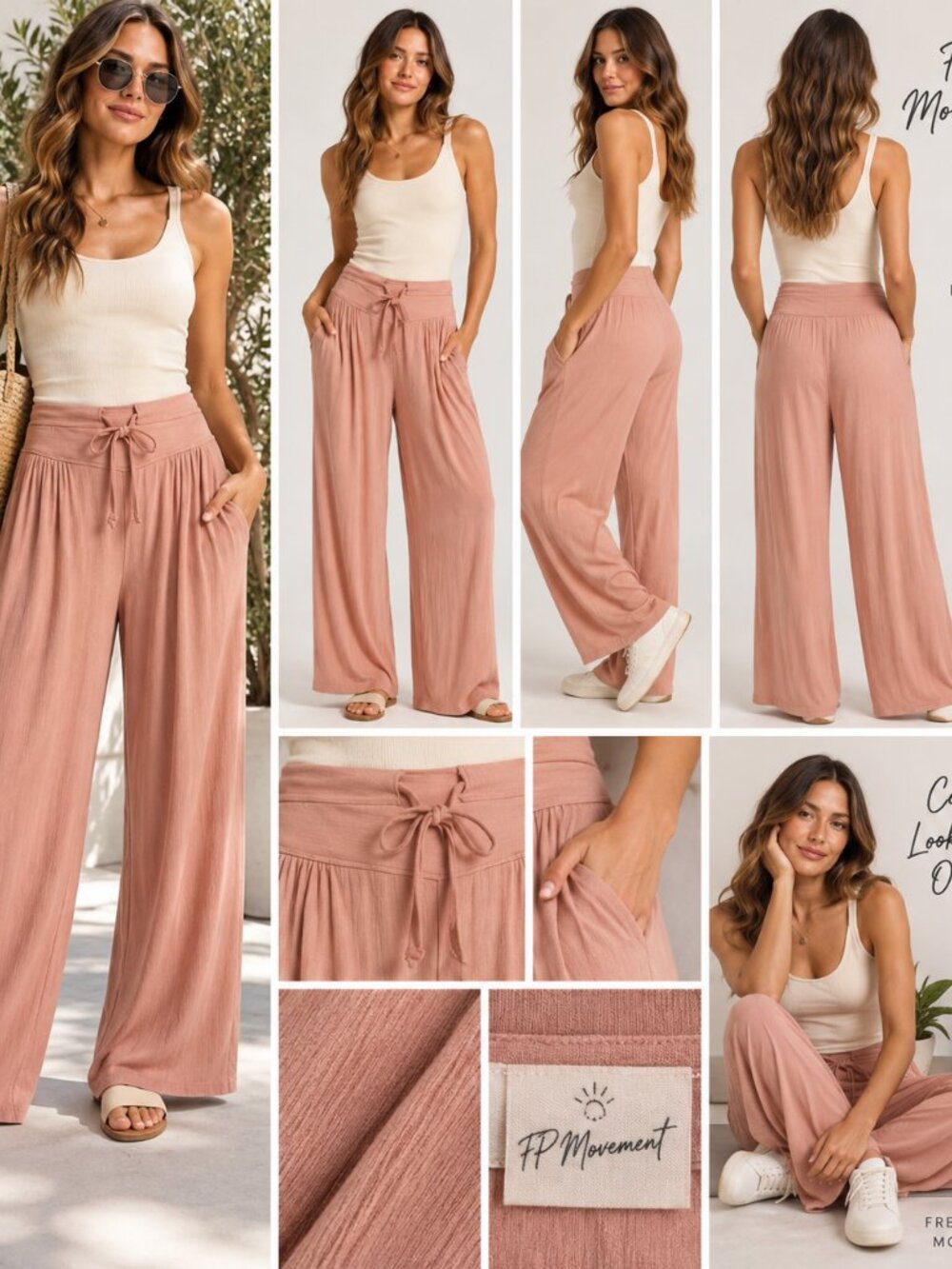 FP Movement High Waisted Drawstring Pocket Wide Leg Baggy Casual Pants Sz SP